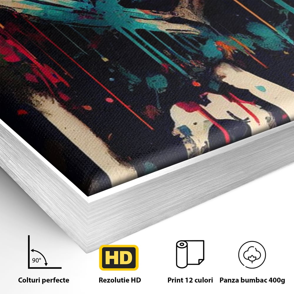 Detaliu al suprafetei: tablou canvas cu inima graffiti si cuvantul love, in rama de aluminiu argintiu